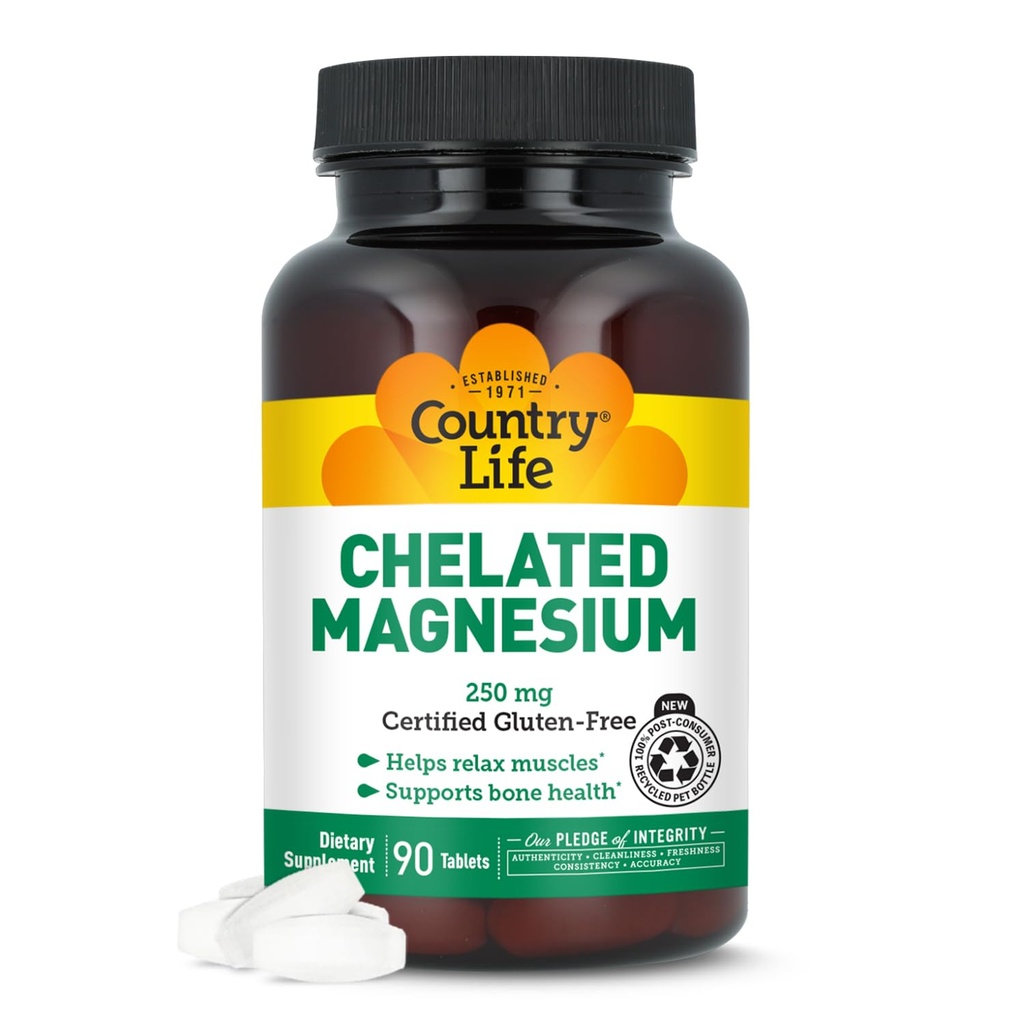 Country Life, Chelated Magnesium 250 mg, Supportes Bone and immun Health, Daily Supplement, 90 ng