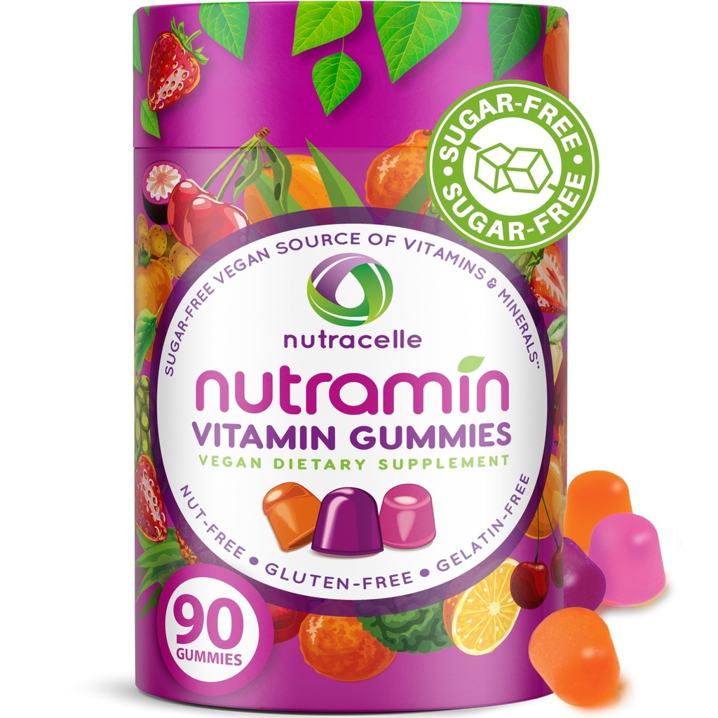 NUTRAMIN Daily Vegan Keto Multivitamin Gummies Non- GMO Natural Vitamin C, D + Zink for Immunitet, Plant- baseret, Sugar- Free, Nut- Free, Gluten- Free, Biotin, Vitamin A, B, B6, B12 & mere 90 Tæl, 45 dage