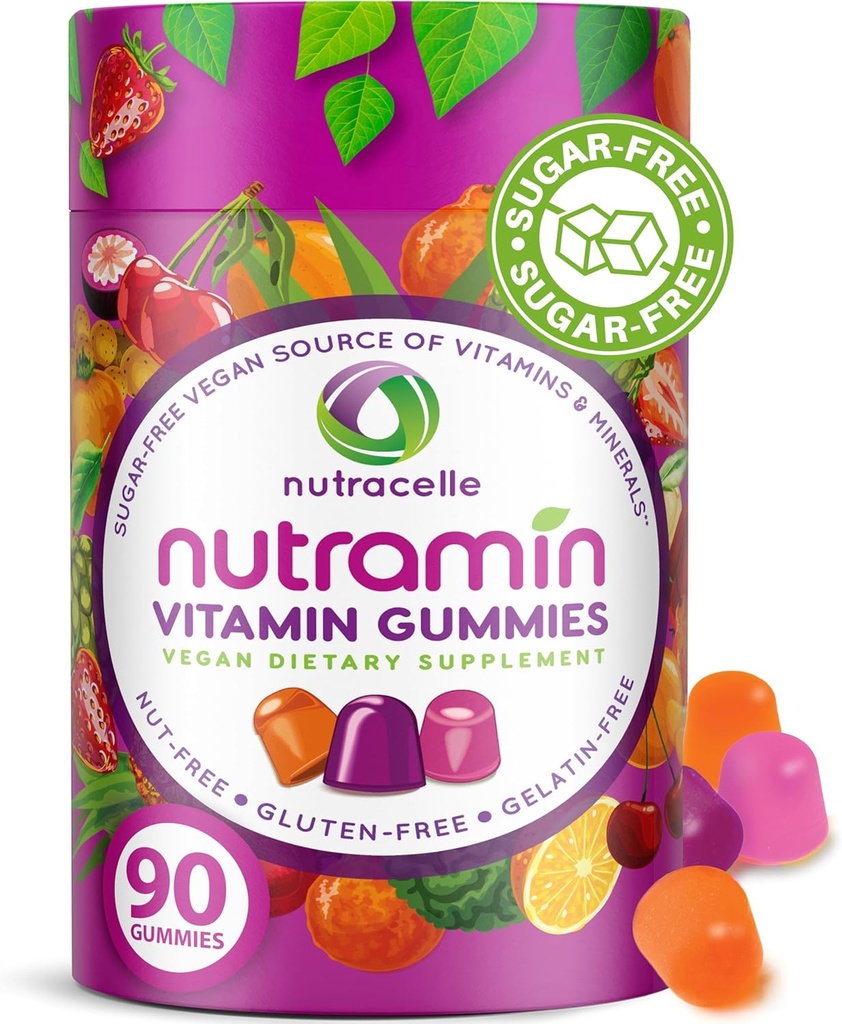 NUTRAMIN Daily Vegan Keto Multivitamin Gummies Non- GMO Natural Vitamin C, D + Zink for Immunitet, Plant- baseret, Sugar- Free, Nut- Free, Gluten- Free, Biotin, Vitamin A, B, B6, B12 & mere 90 Tæl, 45 dage