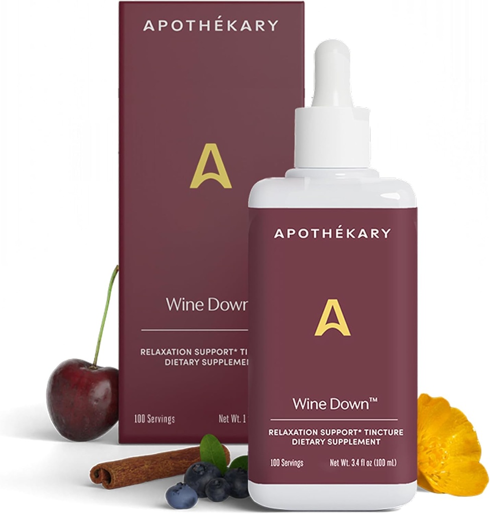 Apothékary Wine Down, Natural Sleep and Relaxation Support, Alkohol- Free Red Wine- Inspired Herbal Liquid Drops, Består af blå Verbena, Tart Cherry, og Californien Poppy, 4 oz, 100 Servere