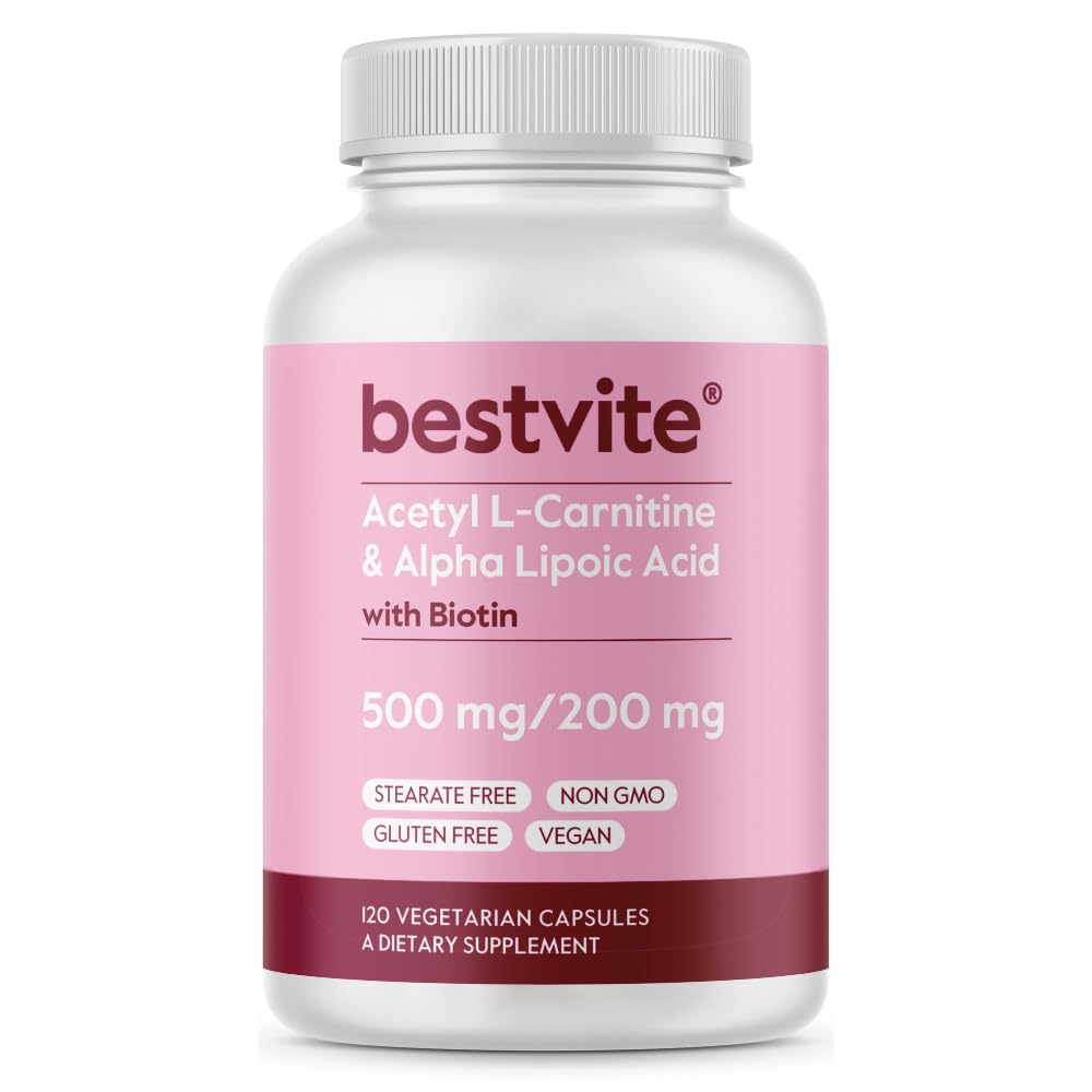 BESTVITE Acetyl L- Carnitin 500mg & Alpha Lipoinsyre 200mg pr. kapsel med biotin (120 Vegetariske kapsler) - Ingen stearater - Vegan - Ikke GMO - Gluten Free