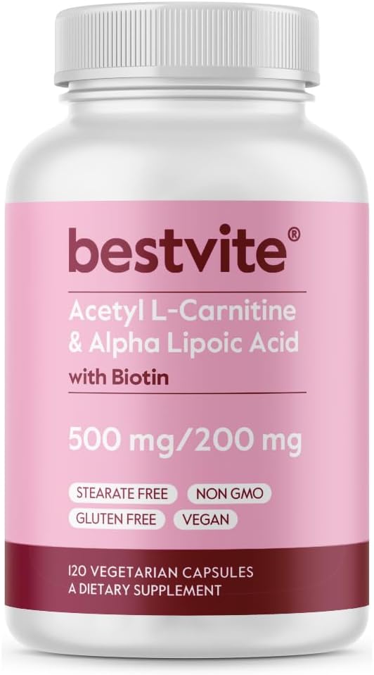 BESTVITE Acetyl L- Carnitin 500mg & Alpha Lipoinsyre 200mg pr. kapsel med biotin (120 Vegetariske kapsler) - Ingen stearater - Vegan - Ikke GMO - Gluten Free