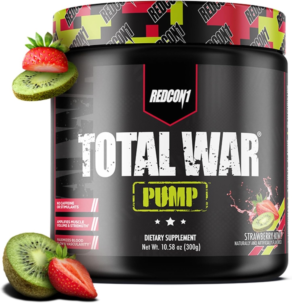 REDCON1 Non Stim & Koffein Free Pre Workout Powder for Women & Men - Total War Pump - med L- Citrullin, Beta Alanine & Mere - Workout på ethvert tidspunkt af dagen - Jordbær Kiwi (10.58 oz)