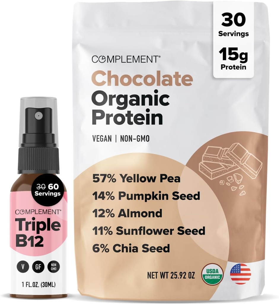 Kompleks Organisk Chokolade Vegan Protein Powder & Triple B12 Spray Bundle - Plantbaseret protein og essentiel B12 Supplementering til energi og wellness
