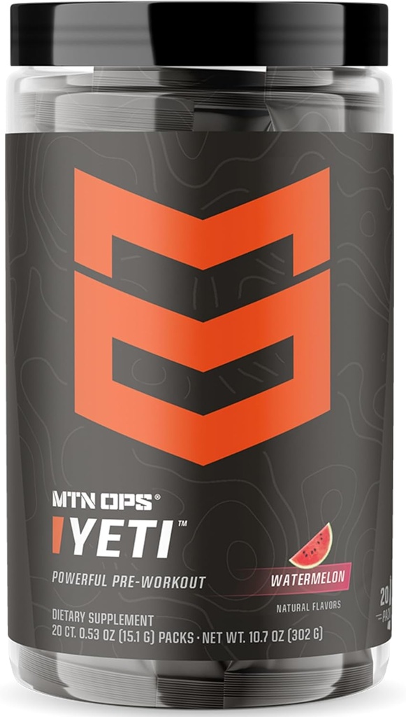 MTN OPS Yeti Trail Packs Pre-Workout Powder Energy Drink with Creatine, 200mg Caffeine & BCAAs with Beta Alanine, 20-Single Servings, Watermelon