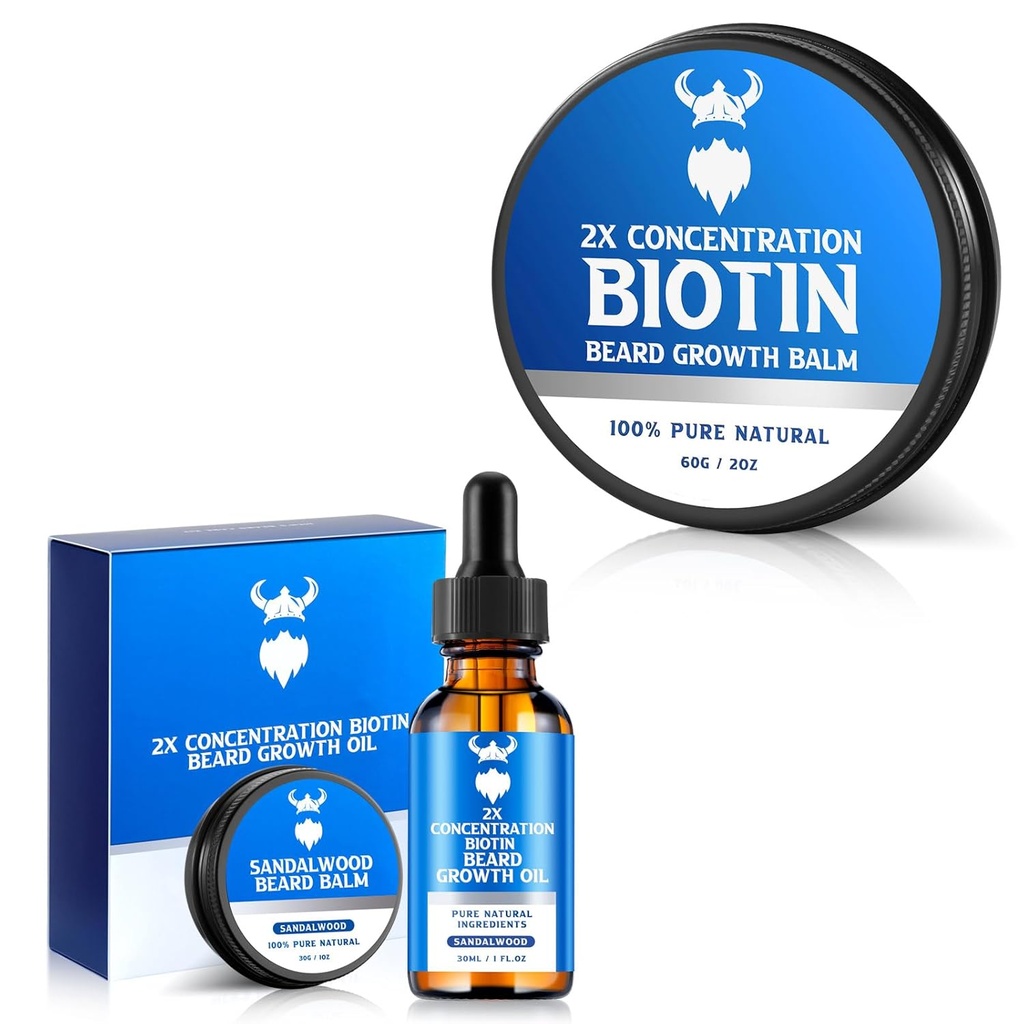 Beard Growth Oil med 2X koncentration Biotin til mænd og Biotin Beard Balm til mænd & Conditioning Beard Wax, Hydrates & Thickens Ansigtshårvækst