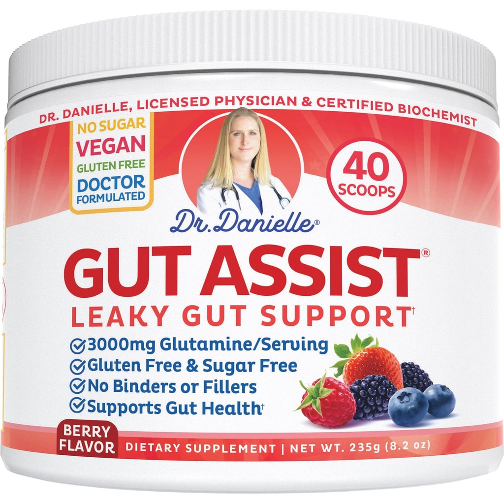 Dr. Danielle Gut Assist - Leaky Gut reparation supplement pulver - Glutamin, Arabinogalactan, Licorice Root - Understøtter IBS, Heartburn, Bloating, Gas, Forstoppelse, SIBO fra, Berry Flavor