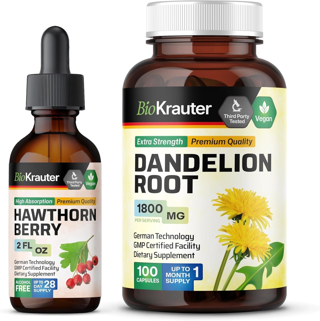 BIO KRAUTER Hawthorn Tinktur 2 Fl. Oz. & Mælkebøtte 100 Kapsler