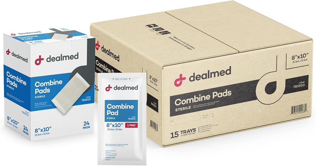 Dealmed Abdominal Combinine Pads 8 "x10" (360- Case) Sterile individuelt indpakket, ABD Pads, Absorbent, Ikke adherent for Sårpleje, Drainage, Førstehjælp, 24 / Box (sag af 15)