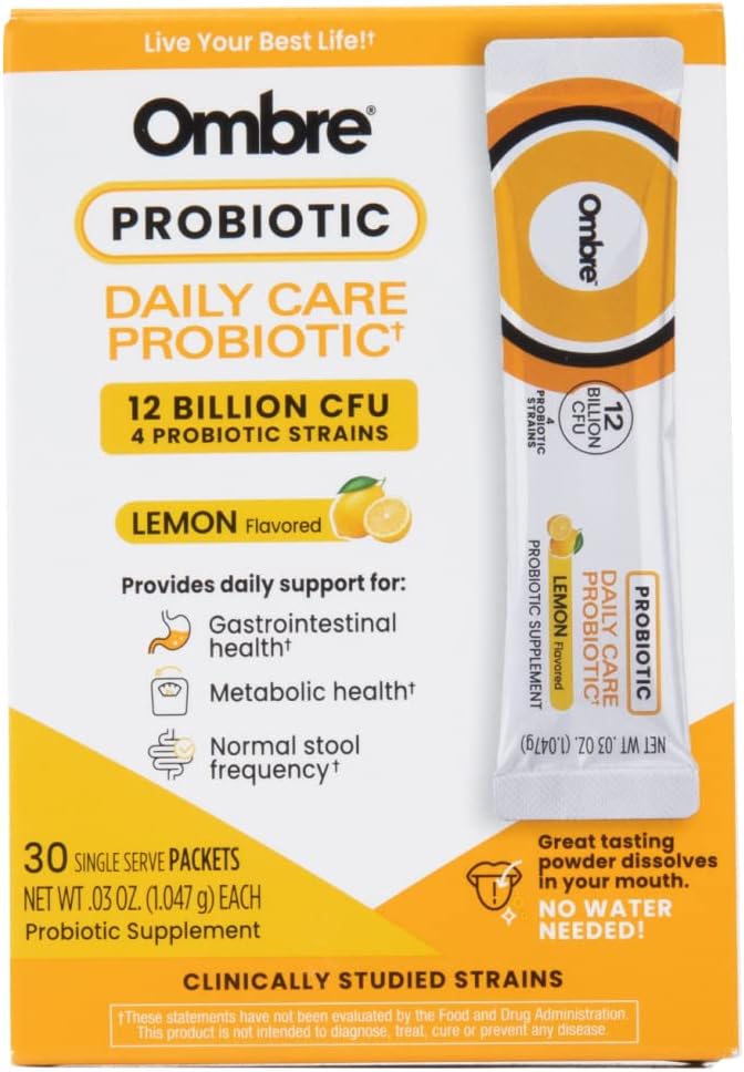 Ambre Daily Care Probiotic Powder - Prebiotika og Probiotika til kvinder, mænd, & Kids - Quick Opløsning Powder fremmer fordøjelsessygdomme & Samlet Wellness - 12 milliarder CFU - Lemon Flavor, 30 Pakker