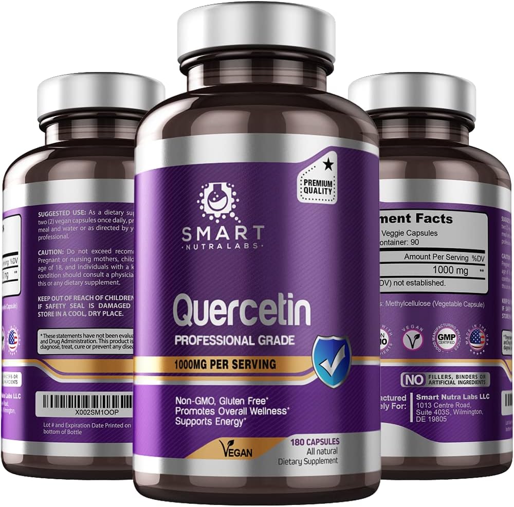 Smart Nutra Labs Quercetin 1000mg- 180 Veganske kapsler, 100% Pure Quercetin Supplement- Non- GMO, Gluten Free, Tredjeparts Testet