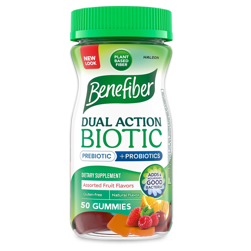 Benefiber Prebiotic Fiber Supplement Gummies med Probiotika til fordøjelsessygdomme, Diverse frugtsmag - 50 Greve