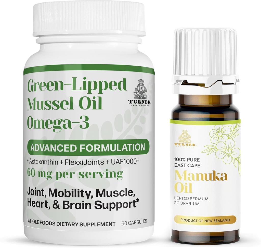 TURNER New Zealand Omega-3 Green Lipped Mussel Oil, 53x højere potens for Superior Joint Comfort & Mobility, Ingen Fishy Eftersmag, 1 flaske, 60 Softgels Plus 1 flaske Manuka Oil