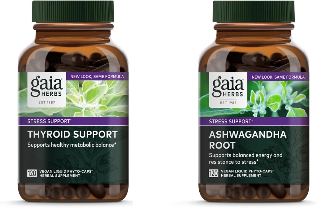 Gaia urter Ashwagandha Root - Lavet med Økologisk Ashwagandha Root - 120 Vegansk flydende Phyto- Kapsler & Thyreoidea Support - Støtte sund metabolisk balance og samlet velvære - 120 Vegansk flydende Phyto