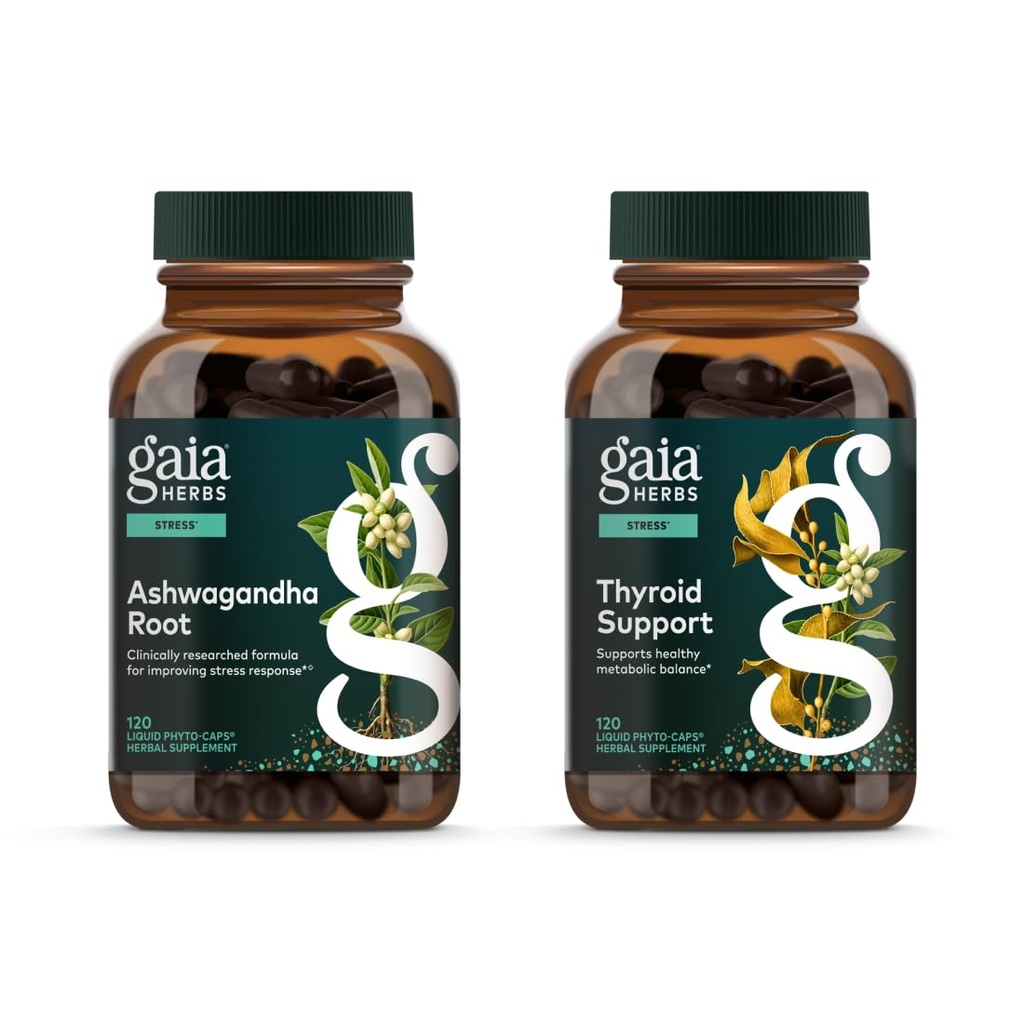 Gaia urter Ashwagandha Root - Lavet med Økologisk Ashwagandha Root - 120 Vegansk flydende Phyto- Kapsler & Thyreoidea Support - Støtte sund metabolisk balance og samlet velvære - 120 Vegansk flydende Phyto