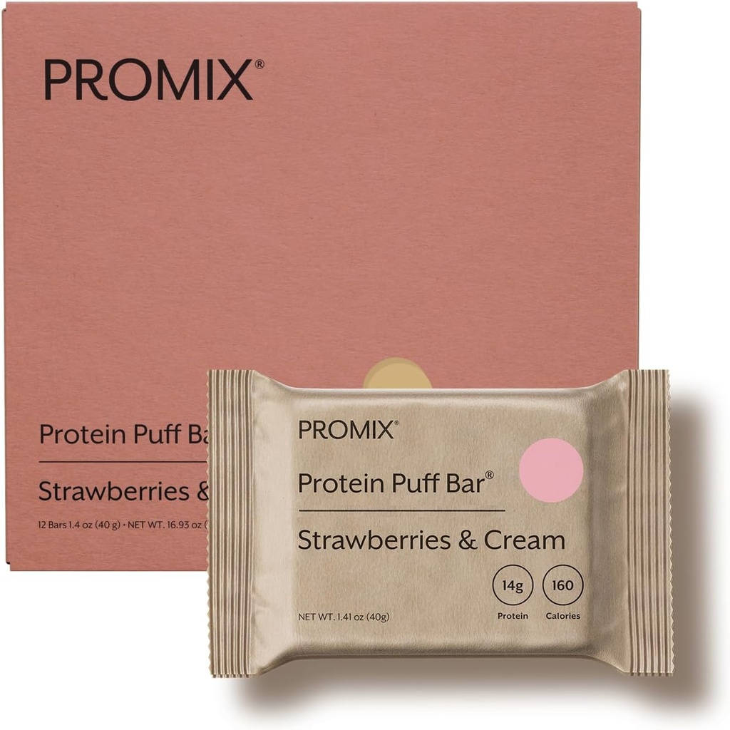 ProMix Nutrition Whey Protein Isolate Puff Bar, Lav Carb sund snack med æg hvide - Græs Fed, Gluten fri, Lavt sukker, Soja fri (Jordbær og fløde) - 12 Barer