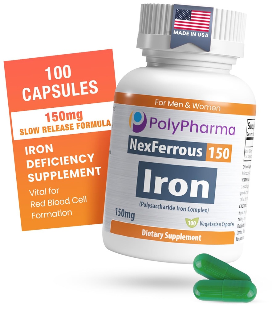Polysaccharid Iron Complex 150mg for anæmi Support - Prevention & Treatment of Iron Dificiency, Supports Red Blood Cells Danning, Gentle on The Mave, High Potency, USA- Made, 100 Kapsler