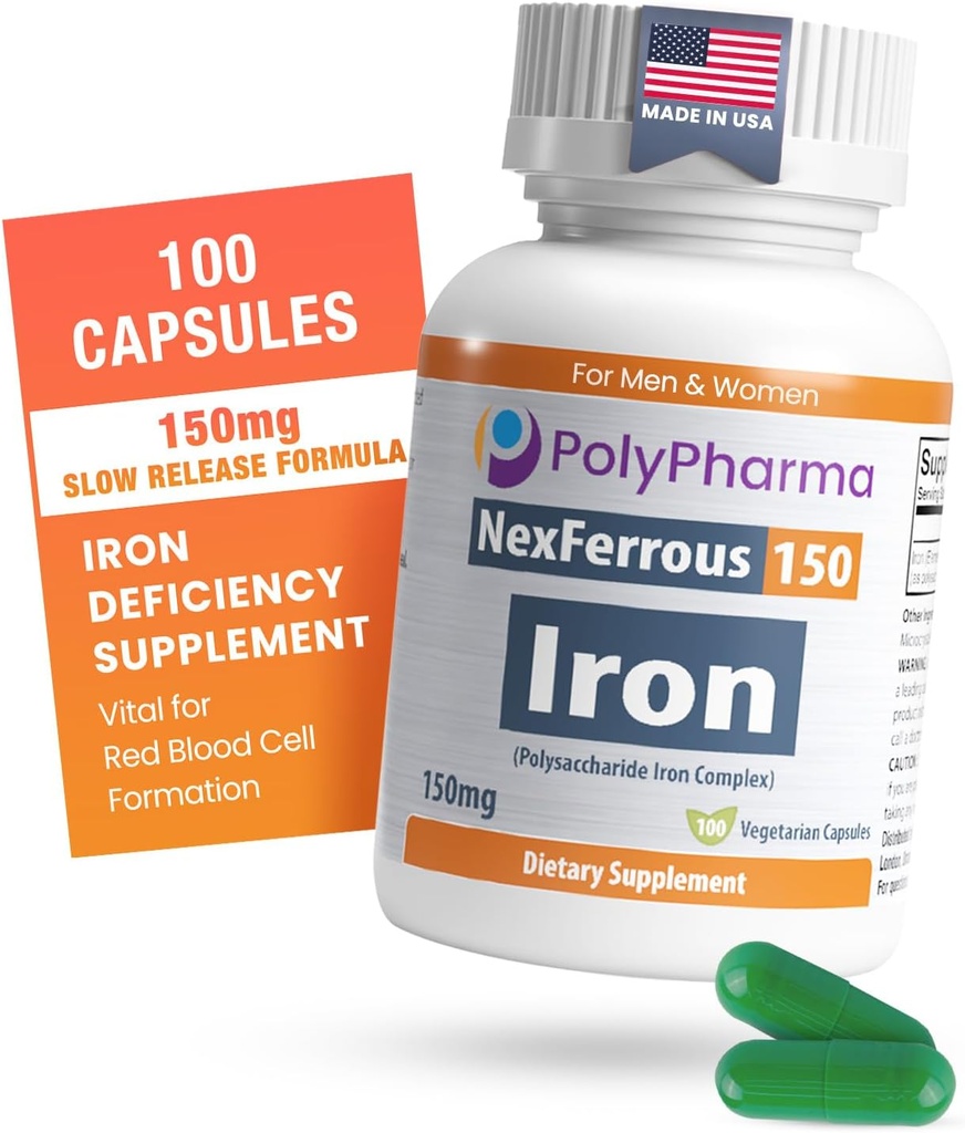 Polysaccharid Iron Complex 150mg for anæmi Support - Prevention & Treatment of Iron Dificiency, Supports Red Blood Cells Danning, Gentle on The Mave, High Potency, USA- Made, 100 Kapsler