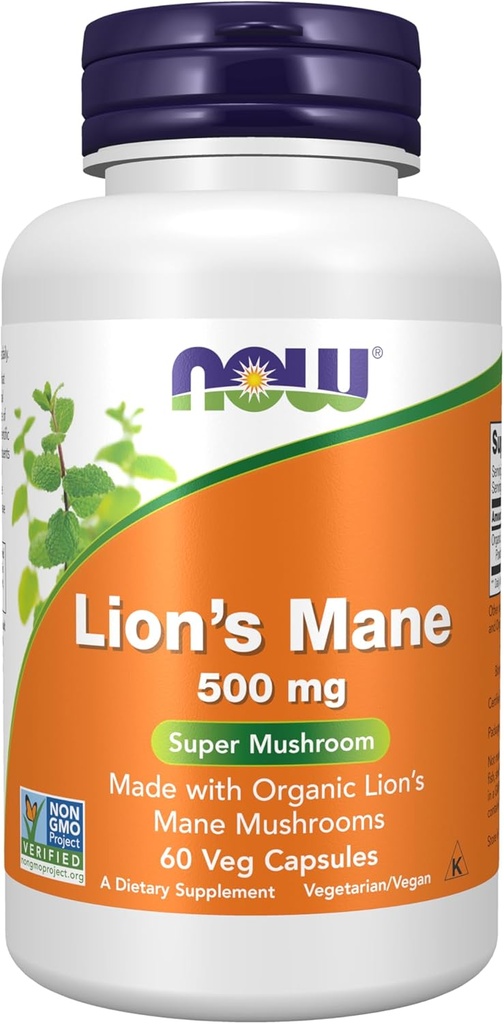 Now Foods Supplements, Lions Mane 500 mg, Super Mushroom, Lavet med Organic Lions Mane Mushrooms, 60 Veg kapsler