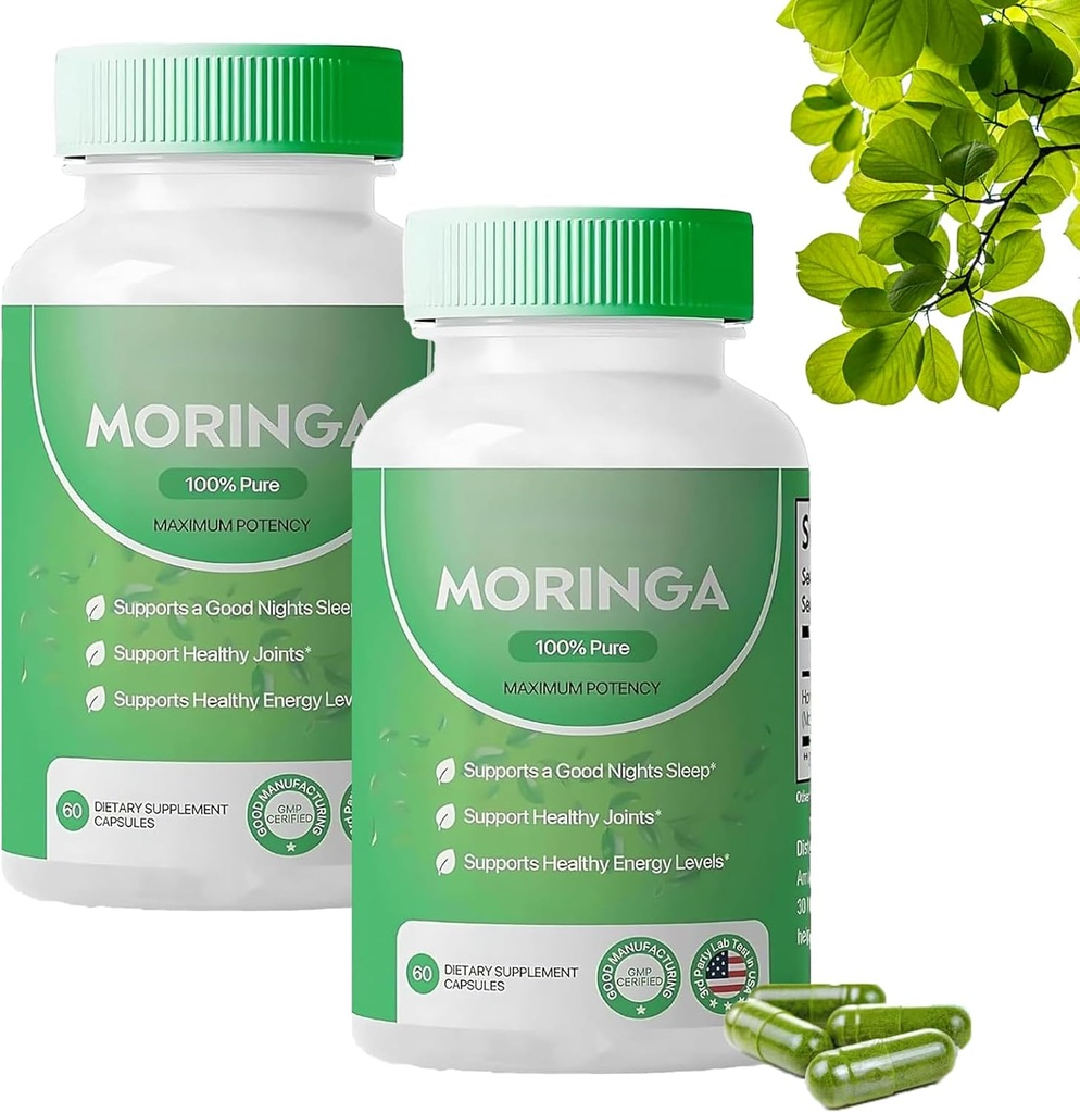 Moringa kapsler, Pure Moringa pulver kapsler - 800mg af nærings- Rich Moringa- Promoces Energy, Gut Well- Being (2PCS)