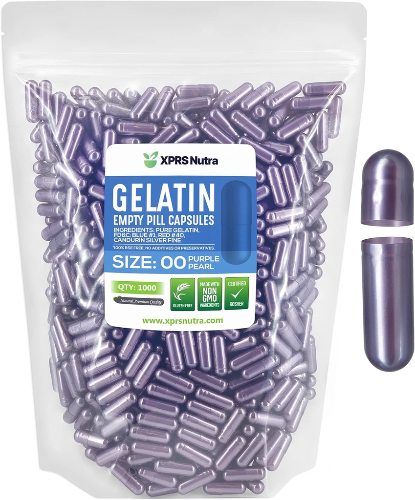 XPRS Nutra Størrelse 00 Tomme kapsler - 1000 Count Tomme Gelatine kapsler - Piller gør det selv Capsule Fyldning - Fyldbar Pille Gel Caps til DIY kosttilskud (lilla perle)