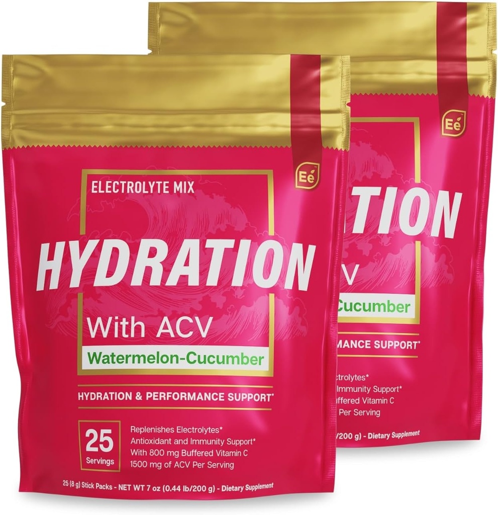 Essentielle elementer Hydration Pakker - Vandmelon Cuckumber - Elektrolyter pulver uden sukker - Elektrolyte Drink Mix - Superior Hydration med ACV & C-vitamin - 50 Stick Packs