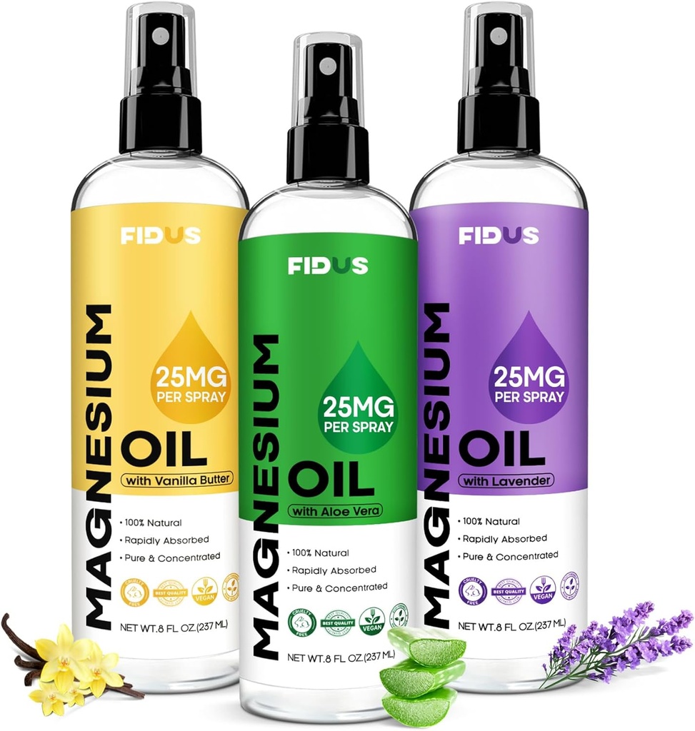 Fidus 100% Pure Magnesium Oil Spray med Aloe Vera - Big 8 fl oz tematisk Magnesiumchlorid til fødder, Organic Natural Magnesium Spray fra Ancient Zechstein Seven Seabed Minerals