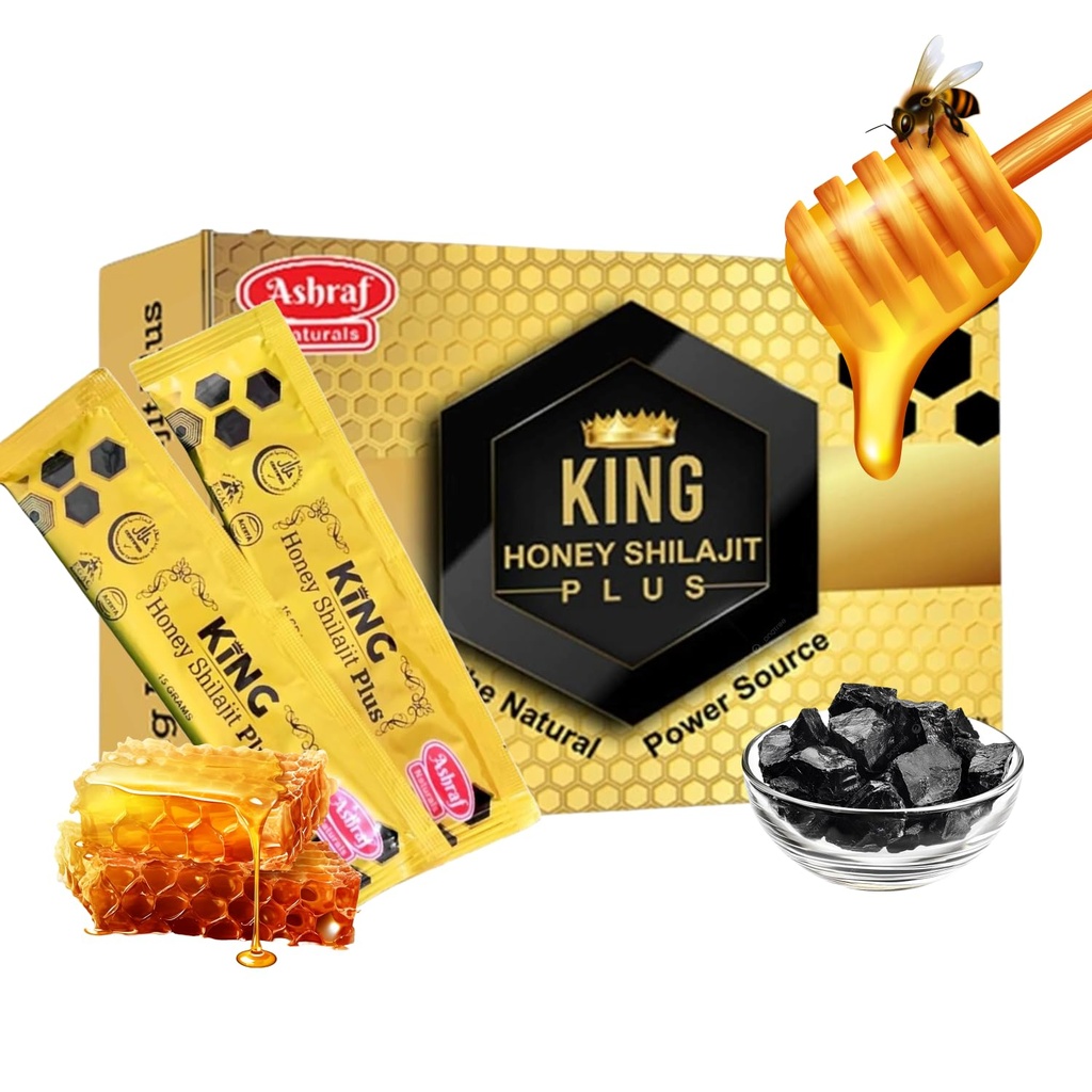 Ashraf Naturals King Honey Shilajit Plus - Premium Honey & Himalayan Shilajit Blend med urteudtræk, Natural Energy & Vitality Support, 15 Sachets x 15g
