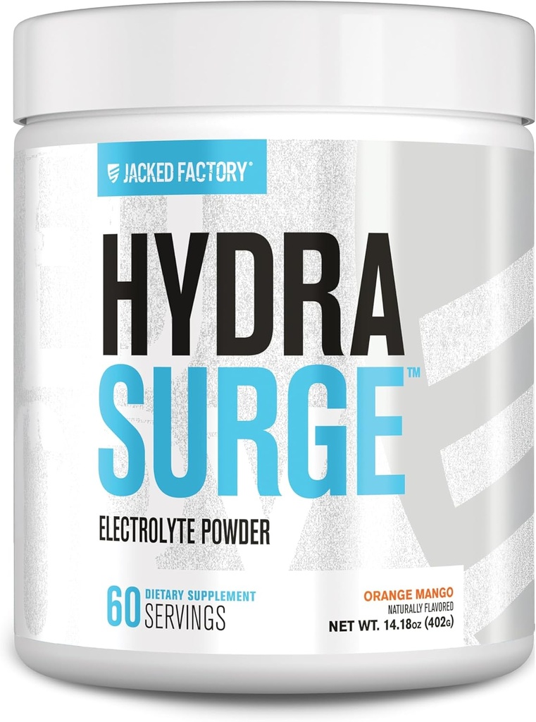 Jacked Factory HYDRASURGE Electrolyte Powder - Hydration supplement med vigtige mineraler, Himalayan Sea Salt, kokos vand - Keto Friendly, Sukker Free, naturligt sødet - 60 Servering, Orange Mango