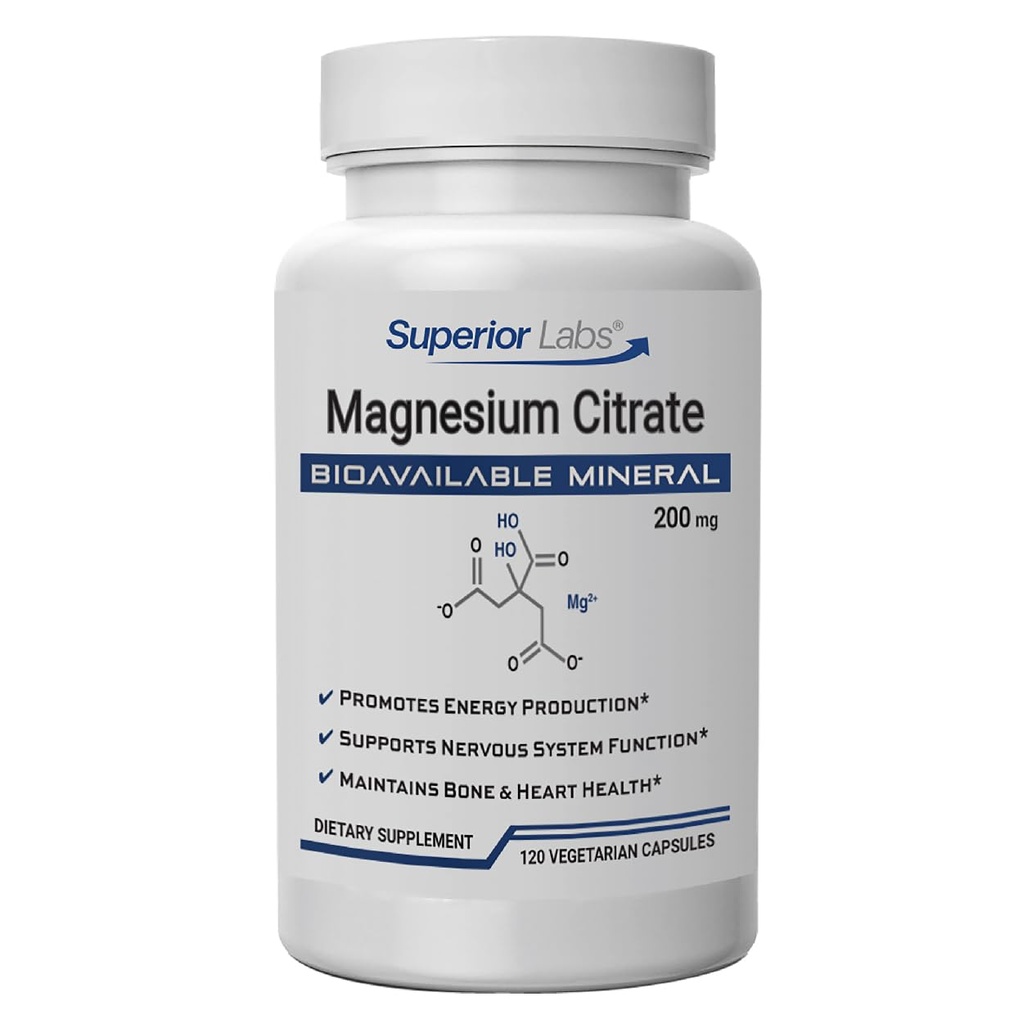 Superior Labs Magnesium Citrate 200mg, Høj Absorption, Non- GMO, Additive- Free & Gluten- Free, fremmer rolig søvn, Eases Muskelkramper & Thekse, Understøtter Forstoppelse Relief, 120 Veg Caps