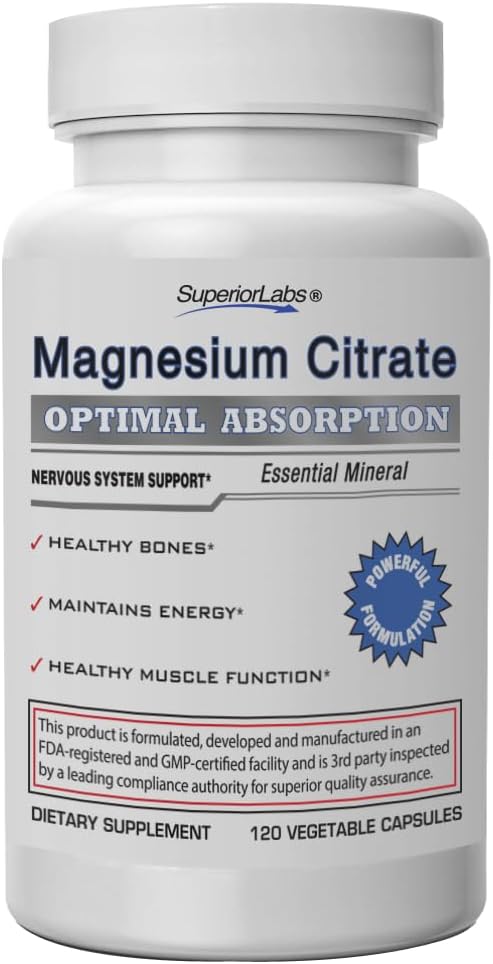 Superior Labs Magnesium Citrate 200mg, Høj Absorption, Non- GMO, Additive- Free & Gluten- Free, fremmer rolig søvn, Eases Muskelkramper & Thekse, Understøtter Forstoppelse Relief, 120 Veg Caps