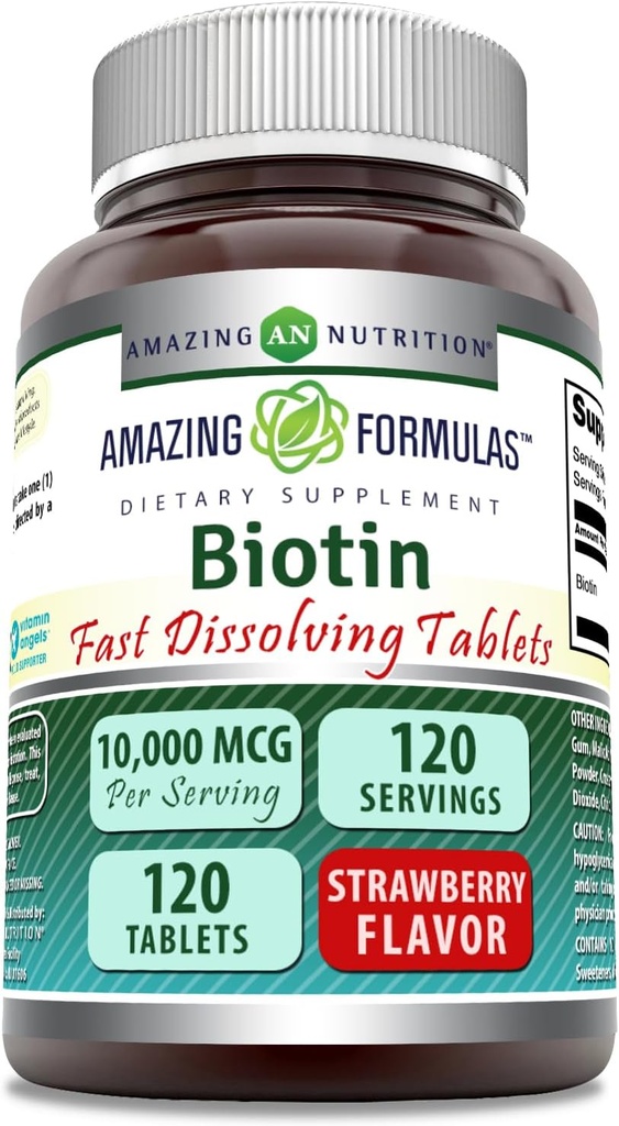 Amazing formulas Biotin Fast Opløs 10000 Mcg tabletter Supplement 124; Strawberry FLAvor 124; Vitamin B7 124; Non- GROMLE 124; Gluten Free