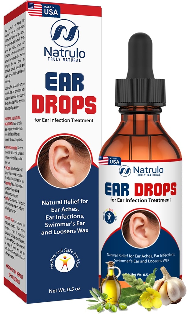Natrulo Ear Drops for Øre Infektion - Organic Ear Drops for Voksen, Kids, Baby, Hund & Kæledyr - for Øre Aches, Itchy Øre, Infektioner, Svømmer øre, & Lossen Wax - Kids Safe, Made in USA