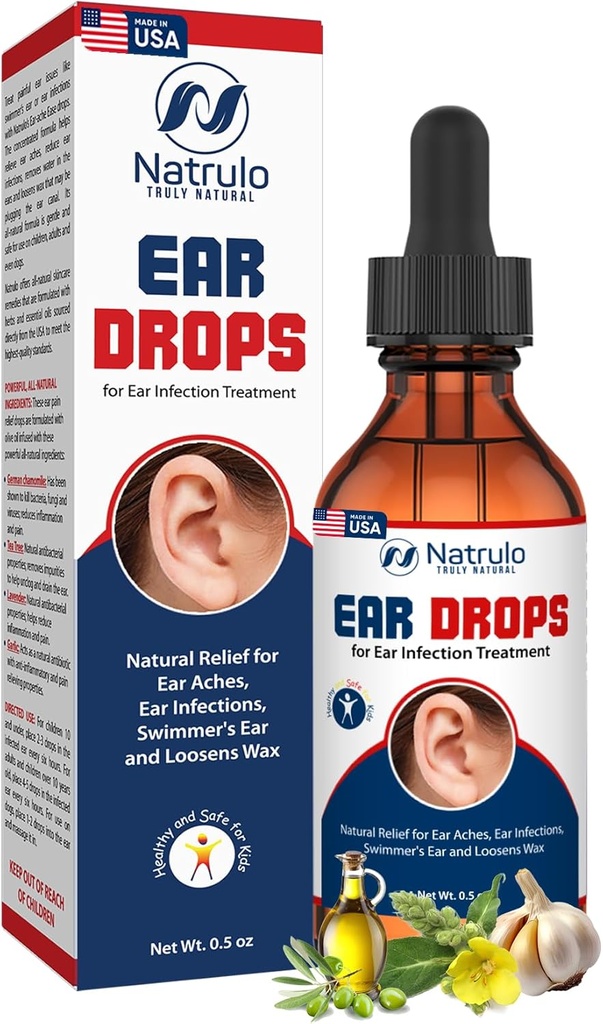 Natrulo Ear Drops for Øre Infektion - Organic Ear Drops for Voksen, Kids, Baby, Hund & Kæledyr - for Øre Aches, Itchy Øre, Infektioner, Svømmer øre, & Lossen Wax - Kids Safe, Made in USA