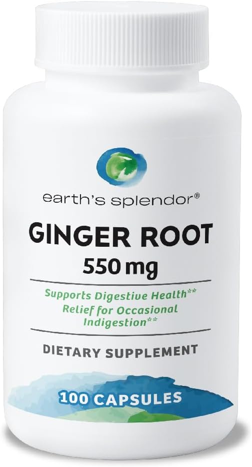 Jordens Splendor Ginger Root 550 mg tillæg til mænd og kvinder, understøtter fordøjelsessygdomme, ingen kunstig farve eller konserveringsmidler (550 mg, 100 kapsler)
