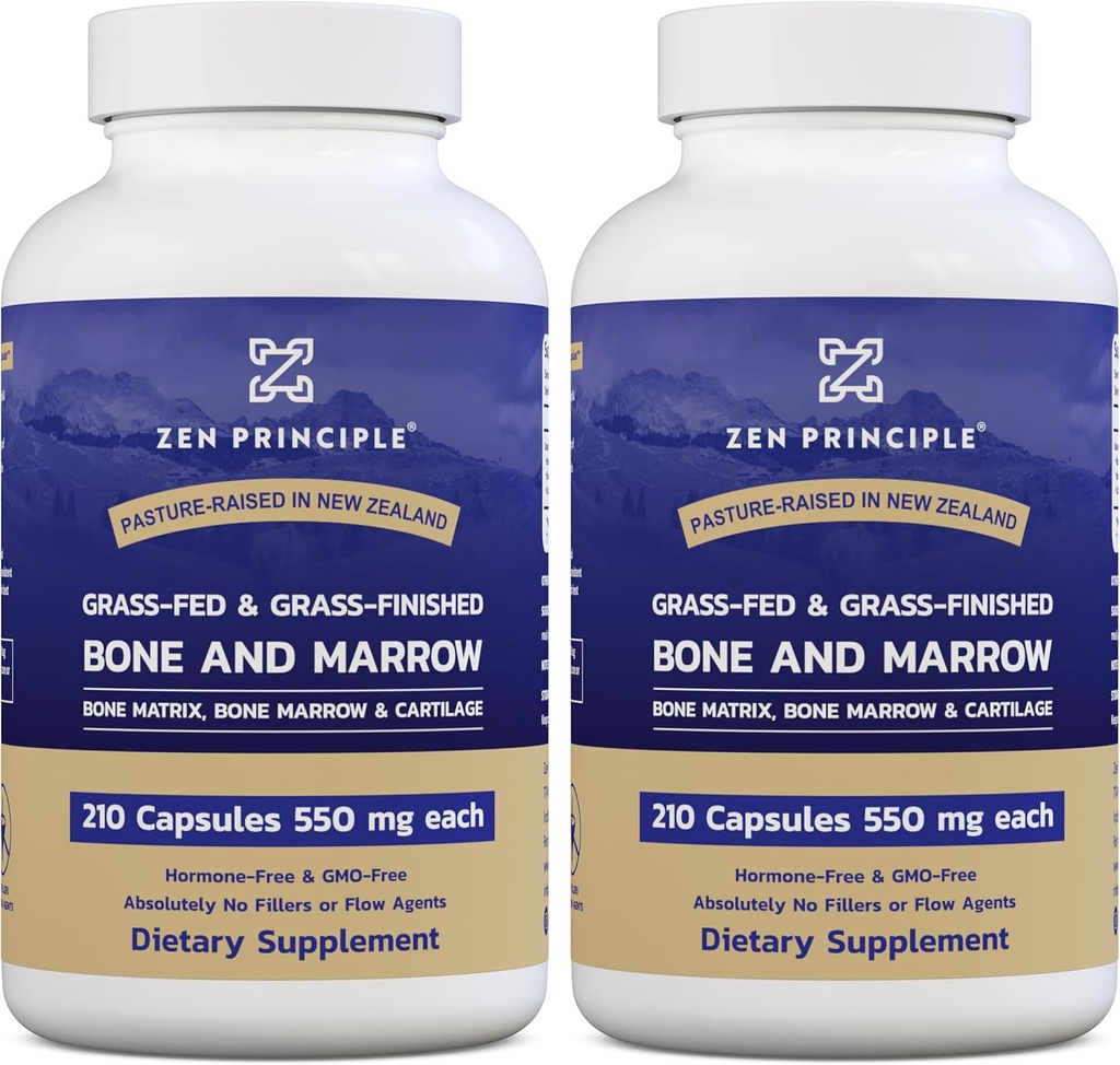 Zen Princip Græs Fed Beef Bone Marrow Supplement, 3300mg. Hud, Oral Health, og fælles støtte. Fremme Whole-Body Wellness. Hele knogleekstrakt, 2- pakning, 420 kapsler (210 kapsler per flaske).