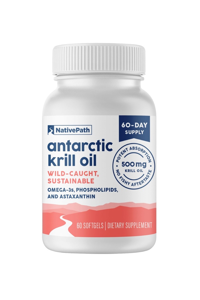 NativePath Antarktiske Krill Oil - Wild-Fanget Omega 3 Krill Oil 500mg Softgels med EPA, DHA og Astaxanthin - Supplement til fælles, hjerte, hjerne og immunitet - 60 ct - Ingen Fishy Eftersmag