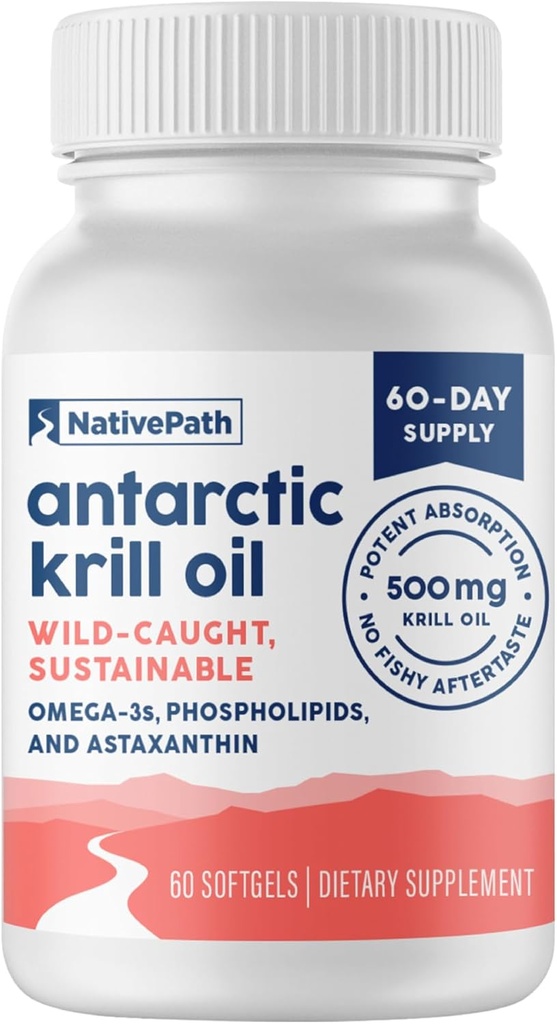 NativePath Antarktiske Krill Oil - Wild-Fanget Omega 3 Krill Oil 500mg Softgels med EPA, DHA og Astaxanthin - Supplement til fælles, hjerte, hjerne og immunitet - 60 ct - Ingen Fishy Eftersmag