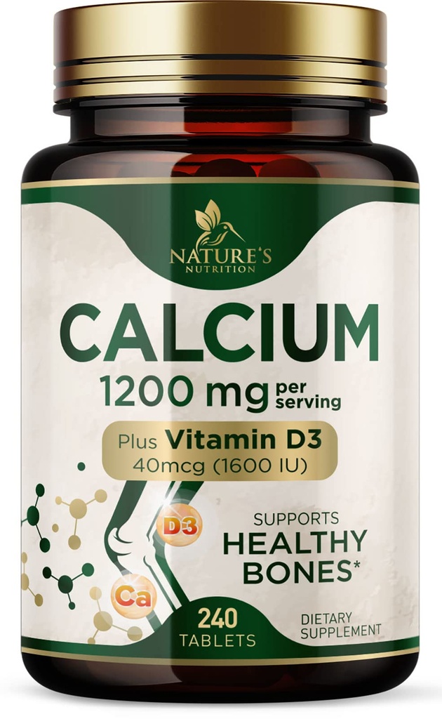 Calcium 1200 mg med vitamin D3 - bentilskud, D-vitamin & kalciumtilskud til kvinder og mænd - benstyrke, tænder og immunforsvar, naturens kalciumpiller, flaske i USA - 240 tabletter