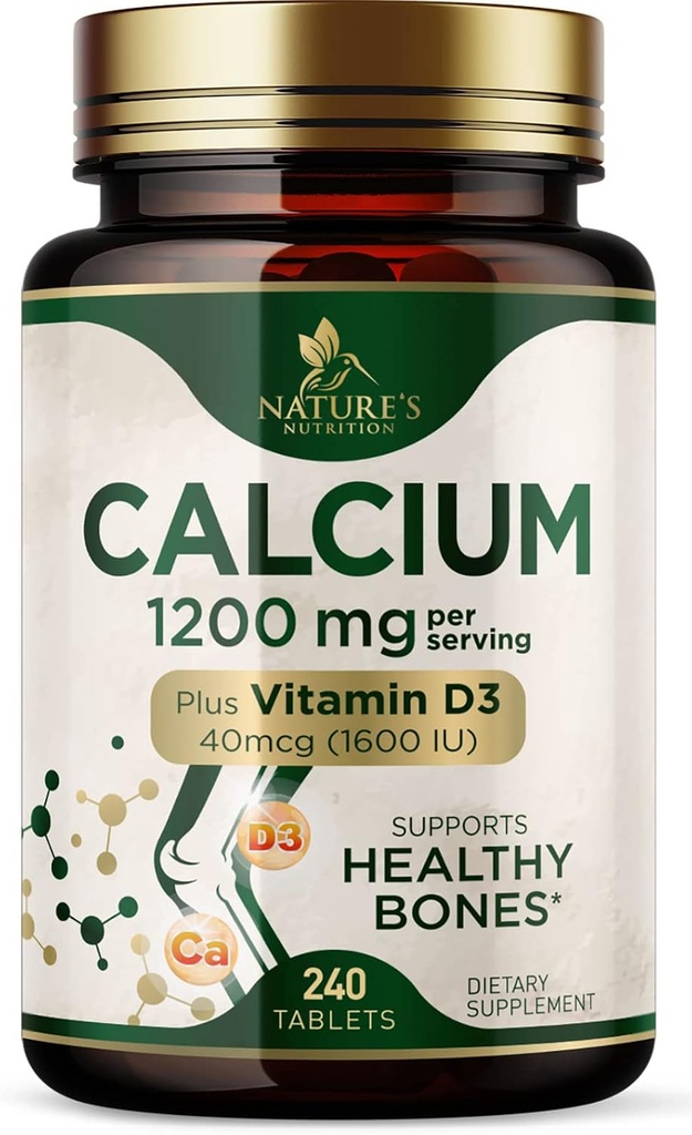 Calcium 1200 mg med vitamin D3 - bentilskud, D-vitamin & kalciumtilskud til kvinder og mænd - benstyrke, tænder og immunforsvar, naturens kalciumpiller, flaske i USA - 240 tabletter