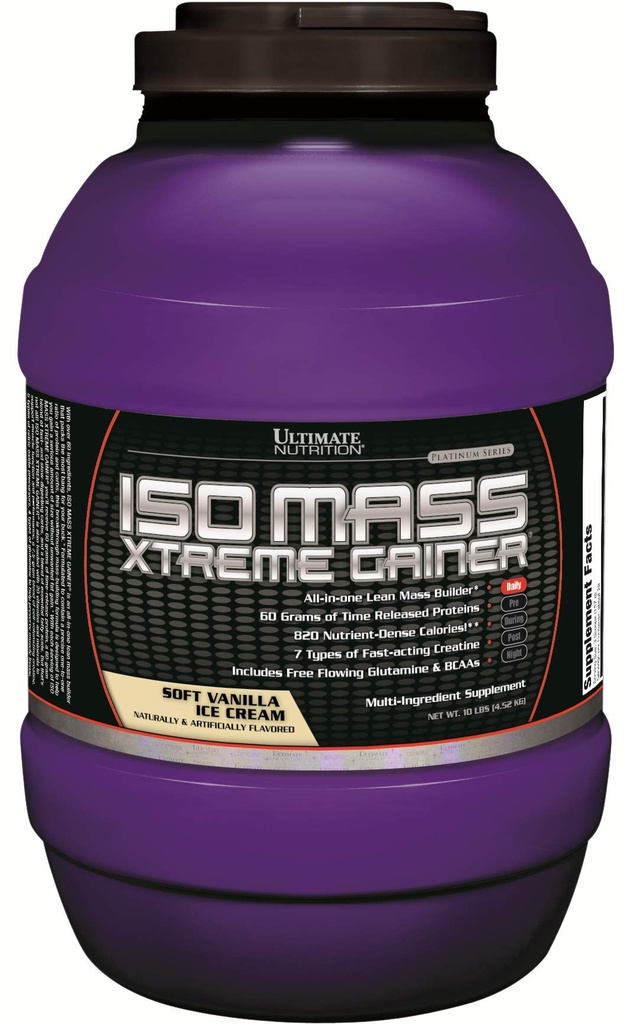 Ultimate Nutrition ISO Mass Xtreme Gainer, Vægt Gainer Protein Pulver med Creatin, 60 Bedste Protein, Whey isolere Protein Pulver til Lean MuskelGain, 10 LBS med 30 Servere, Vanilla Is Cream