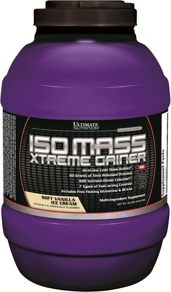 Ultimate Nutrition ISO Mass Xtreme Gainer, Vægt Gainer Protein Pulver med Creatin, 60 Bedste Protein, Whey isolere Protein Pulver til Lean MuskelGain, 10 LBS med 30 Servere, Vanilla Is Cream