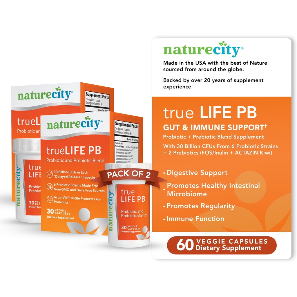 NatureCity True-Life- PB Hylde Stabil Blend Prebiotika og Probiotika til kvinder og mænd - fordøjelsesmæssige Gut Health Kosttilskud til kvinder og mænd - Dairy Free - (60 Veggie Capsules)
