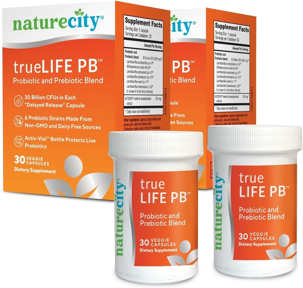 NatureCity True-Life- PB Hylde Stabil Blend Prebiotika og Probiotika til kvinder og mænd - fordøjelsesmæssige Gut Health Kosttilskud til kvinder og mænd - Dairy Free - (60 Veggie Capsules)