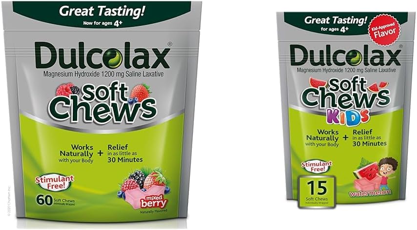 Dulcolax Soft Chews Saline Laxative Mixed Berry (60ct) Gentle Constipation Relief & Kids Soft Chews Saline Laxative Watermelon Gentle Constipation Relief, Magnesium