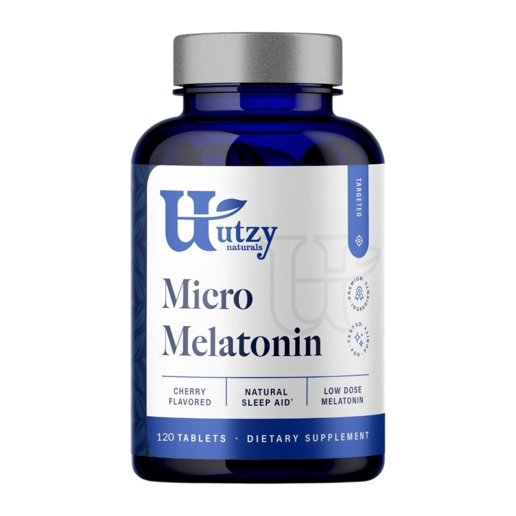 Utzy Naturals Micro Melatonin • 124; Lavdosis • Melatonin • 250mcg • 124; med naturlige kirsebær • 124; Sikker for børn • 124; Fremstillet i USA • 124; 120 tabletter