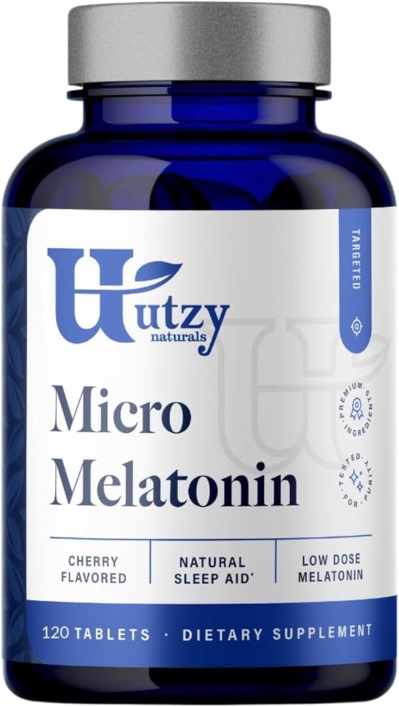 Utzy Naturals Micro Melatonin • 124; Lavdosis • Melatonin • 250mcg • 124; med naturlige kirsebær • 124; Sikker for børn • 124; Fremstillet i USA • 124; 120 tabletter