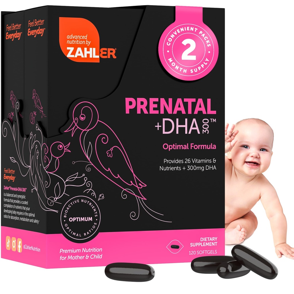 Zahler Prenatal Vitamin med DHA & Folate - DHA Kosttilskud & Prenatal Multivitamin til mor og barn - Kosher Prenatal DHA Prenatal Vitamin med jern, Pre Natal Softgels (120 Greve (pakke med 1))