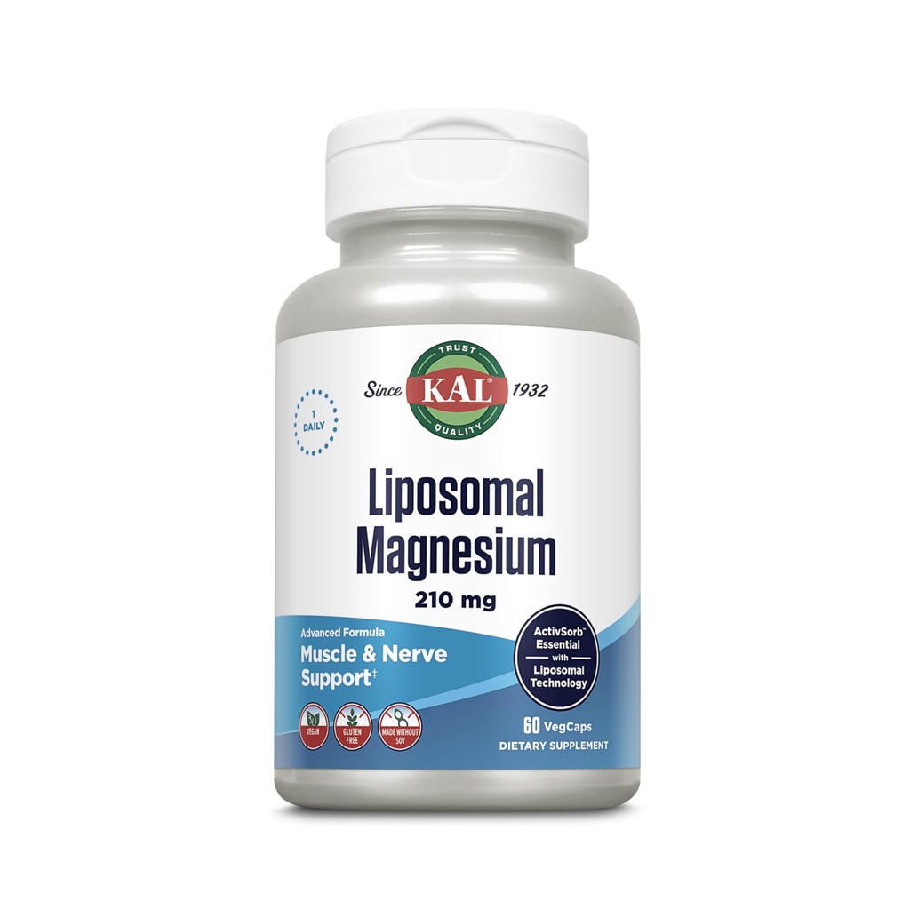 KAL Liposomal Magnesiumoxid 210 mg Høj Absorption, Liposomal Technology, Essentials Muscle Support, Advanced Formel, Vegan Kapsler, Gluten Free, No Soy, 60 Servere