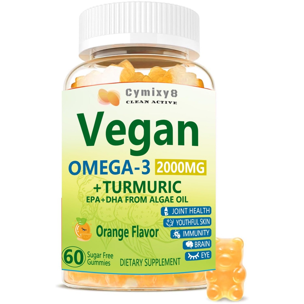 Vegansk Omega 3 & Gurkemeje 2500mg, Alger Omega 3 DHA 800mg & EPA 400mg, med MSM, D3- vitamin, Gurkemeje Root Extract for Brain, Eye, Joint, Fish Oil Supplements Alternative, Sugar Free